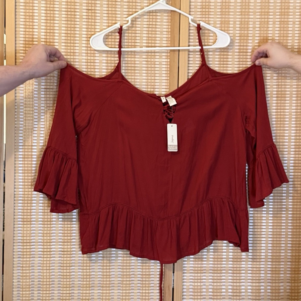 JAPNA Womans M Top Cold Shoulder Red Bell Sleeve Boho Whimsigoth Cottagecore